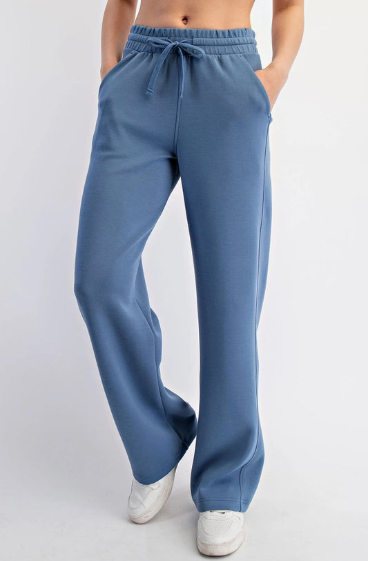 Paradise Blue Luxe Scuba Straight Pants, relaxed fit, elastic drawstring waist. Sizes: XS-XL.