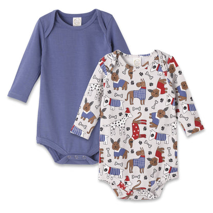 Set of 2 baby boy bodysuits, lavender blue and white with puppy prints, bottom snaps. Sizes: NB, 0-3M, 3-6M, 6-9M.