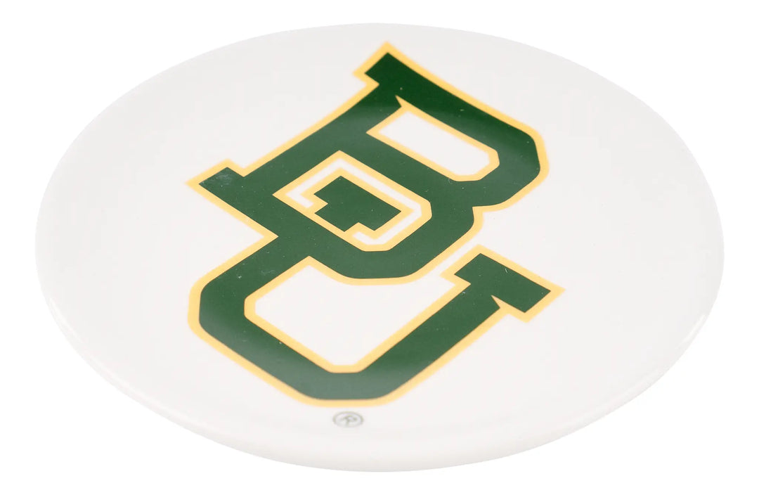 White round tray with Baylor’s green and gold “BU” logo in center. Available in multiple sizes.