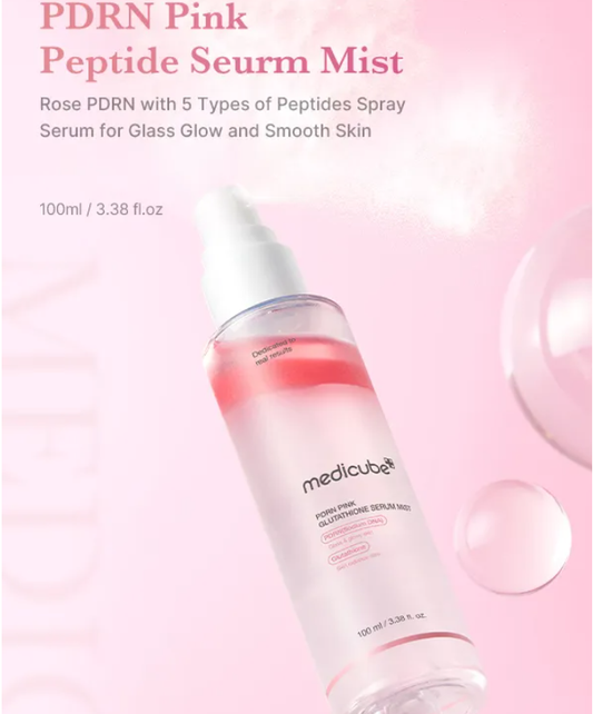 MEDICUBE PDRN Pink Glutathione Serum Mist bottle with white pump and pink accents; available in 80ml and 150ml sizes.
