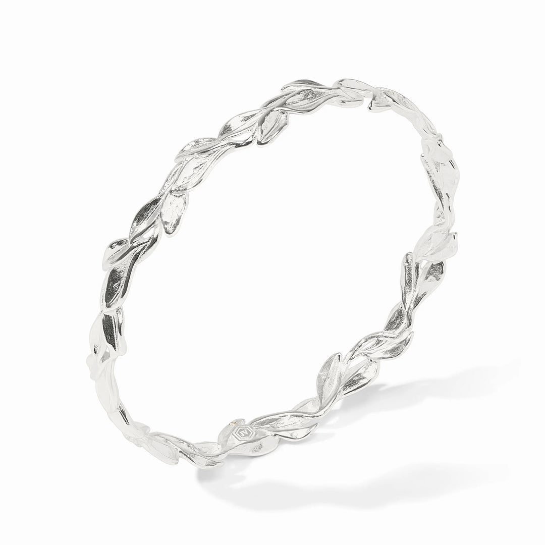 Pure silver bangle with interwoven, textured leaf pattern. Available sizes: S, M, L.