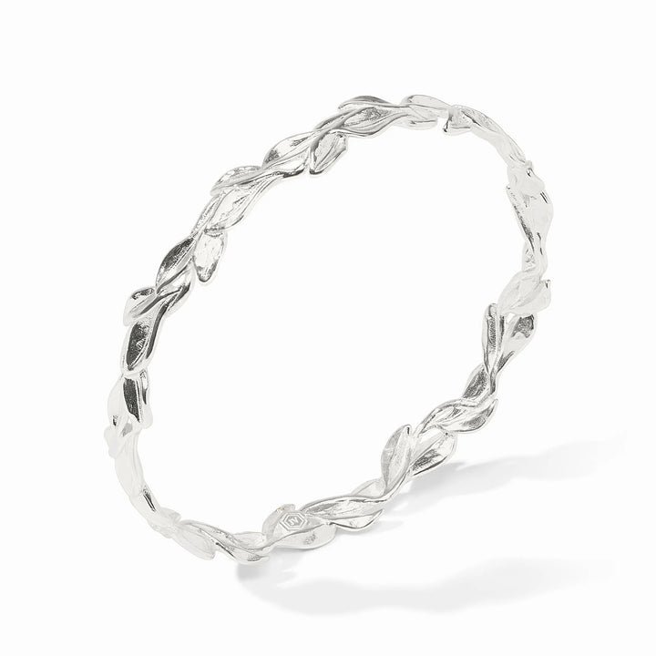Pure silver bangle with interwoven, textured leaf pattern. Available sizes: S, M, L.