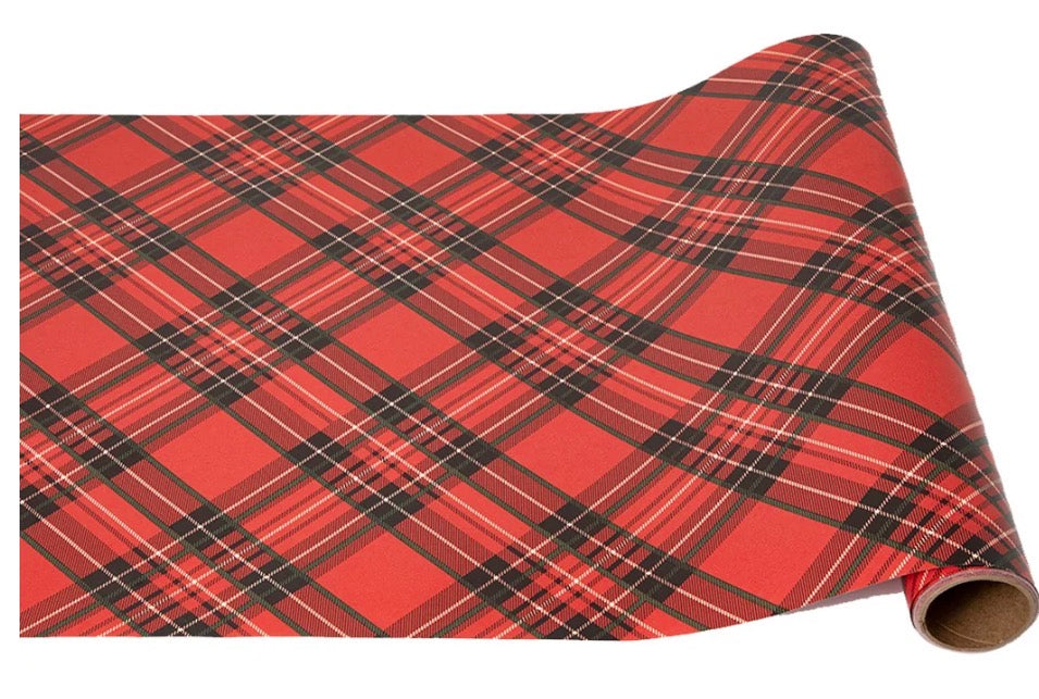Red plaid runner in red, black, and white.