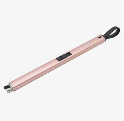 Slim rose gold rechargeable Electric Candle Lighter with black loop, power switch, LED indicator lights, and exposed ignition tip. Available sizes: standard.