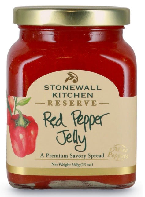 369g (13 oz) jar of Reserve Red Pepper Jelly with a beige label, red pepper illustration, and “A Premium Savory Spread” on the front.
