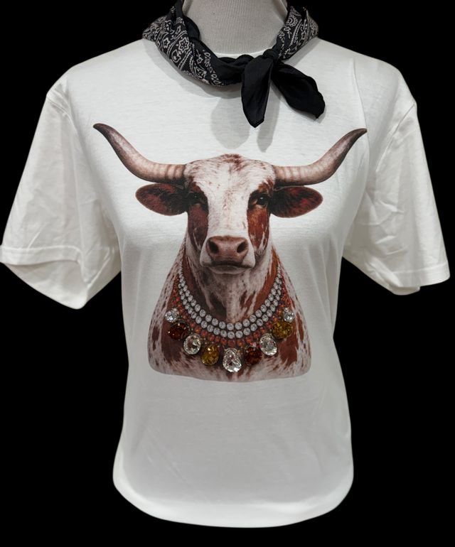 Yes All Blinged Out Jeweled Collar Longhorn on Natural Crew with a jeweled longhorn cow graphic. Available sizes: L.