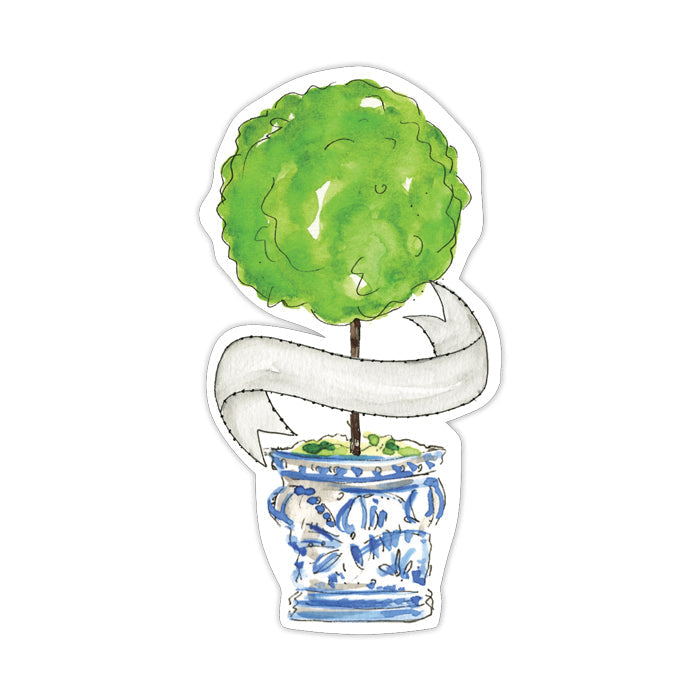 Watercolor green topiary tree die cut in blue and white pot with blank ribbon, available in multiple sizes.