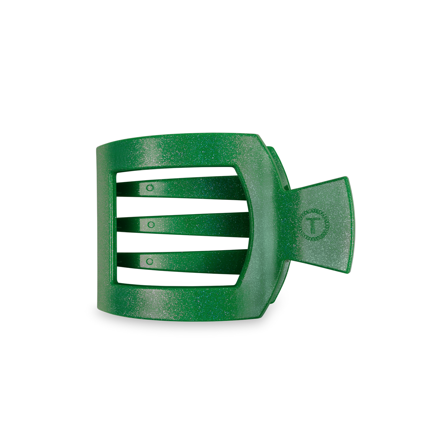 TELETIES Square Flat Hair Clip in glittery green plastic with a black background and three horizontal slots. Side tab has a circular design for secure styling. Available sizes: small, medium, large.
