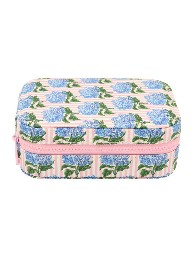 Small zippered jewelry case with blue hydrangeas on pink and cream stripes, pink zipper. Available in small size.