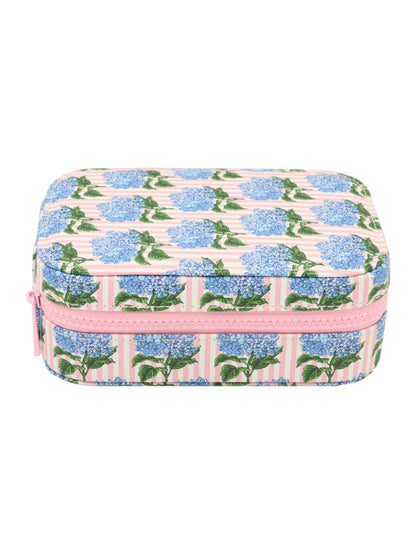 Small zippered jewelry case with blue hydrangeas on pink and cream stripes, pink zipper. Available in small size.