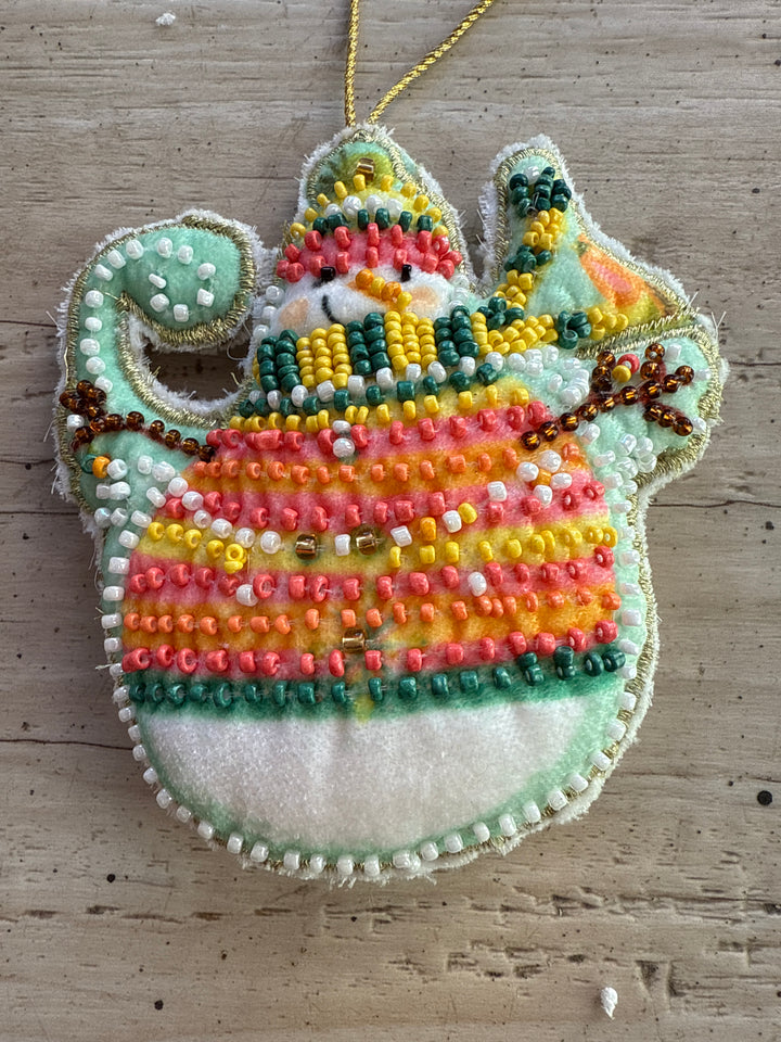 Cotton Velvet Snowman Ornament with embroidery, glass beads, striped scarf, and gold hanging cord.
