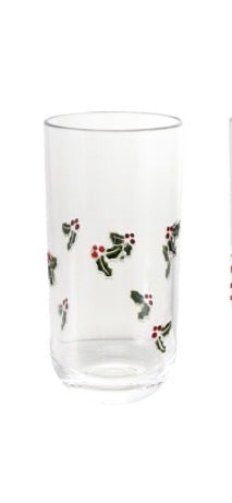 18oz clear acrylic holiday glass with holly leaf and berry illustrations.