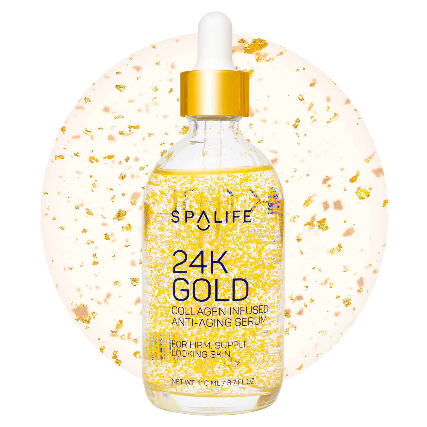 Clear dropper bottle labeled “Gold 24K Collagen Anti-Aging Serum | Korean Skincare” with visible gold flakes inside; available in 30ml and 50ml sizes.