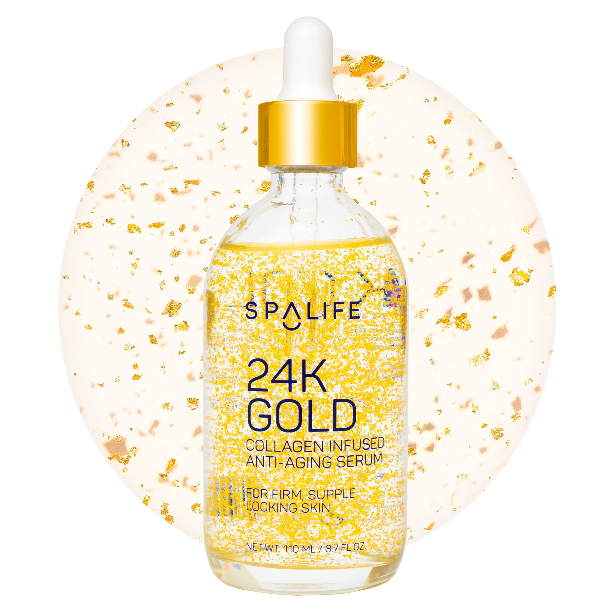 Clear dropper bottle labeled “Gold 24K Collagen Anti-Aging Serum | Korean Skincare” with visible gold flakes inside; available in 30ml and 50ml sizes.