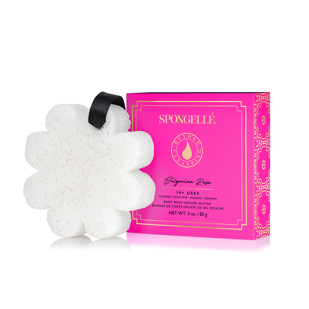 White flower-shaped bath sponge with black ribbon, 3oz (85g), Bulgarian Rose scent, 14 uses.