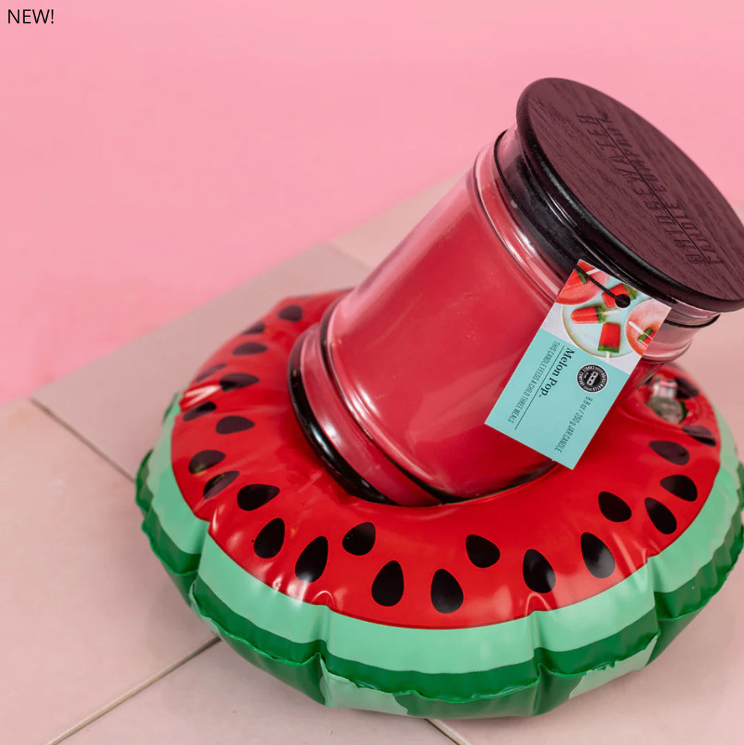 The Melon Pop 8 oz soy-blend candle with pink lid and watermelon label, Bridgewater branding. Only size: 8 oz.