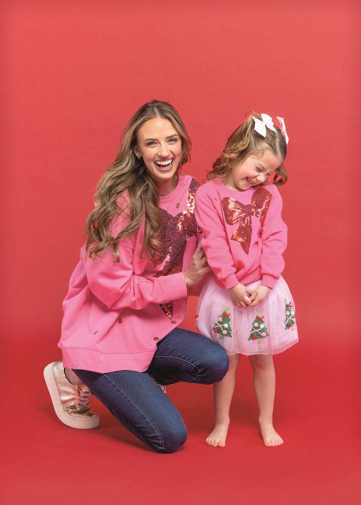 Pink Sequin Bow Sweatshirt with large red sequin bow. Available in sizes.