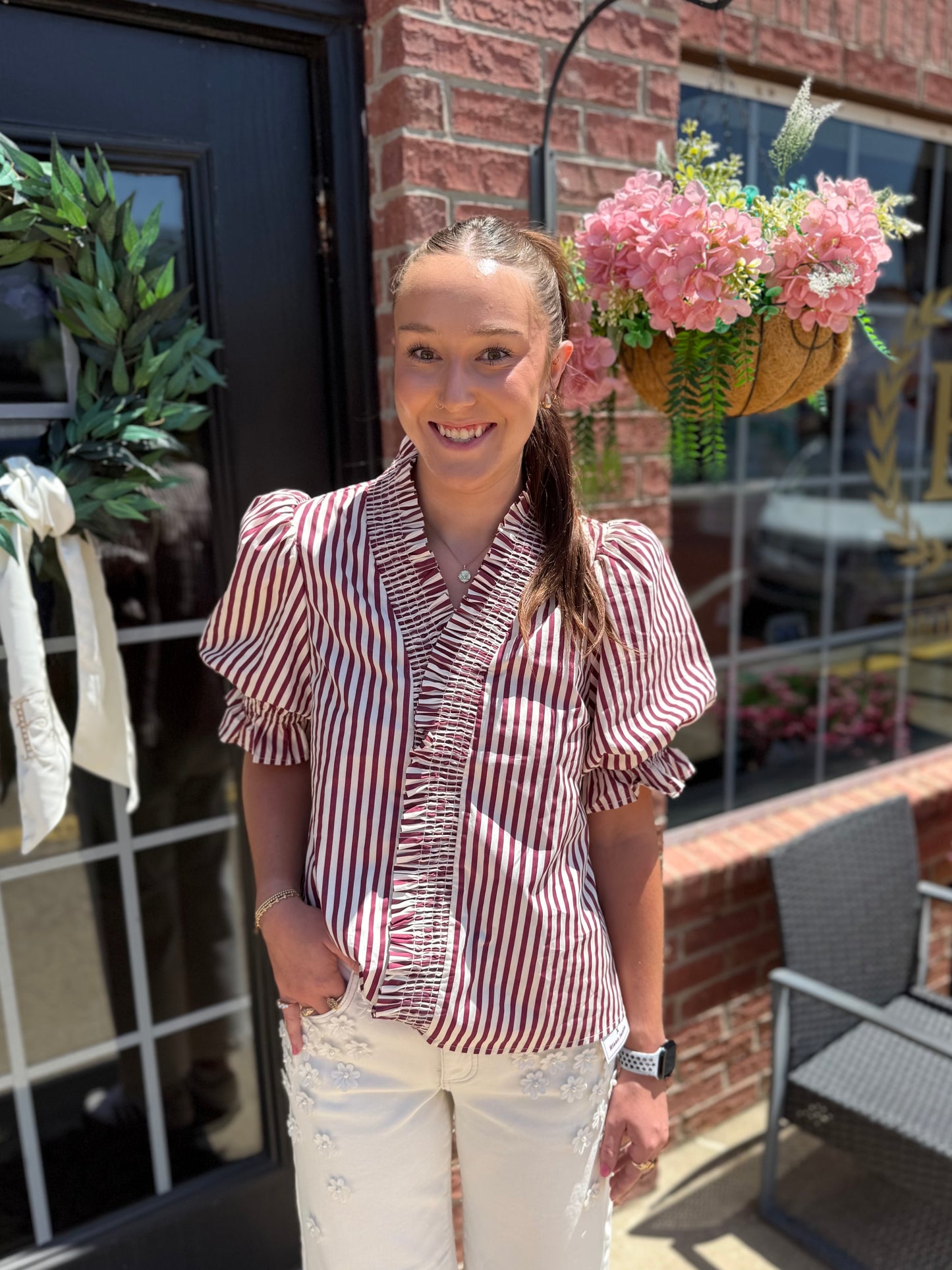 Maroon Striped Cinched Blouse with adjustable waist; available in sizes XS to XL.