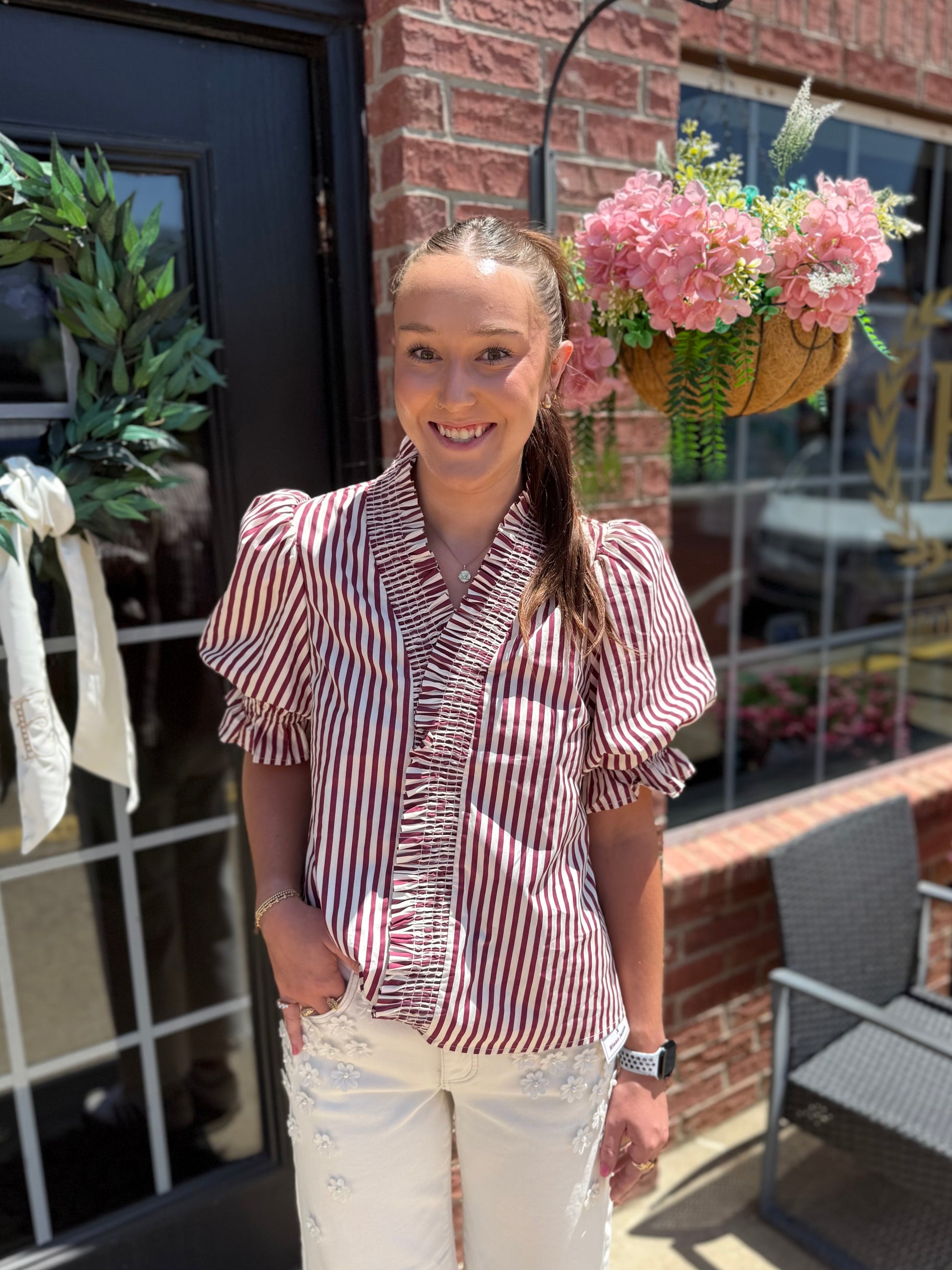 Maroon Striped Cinched Blouse with adjustable waist; available in sizes XS to XL.