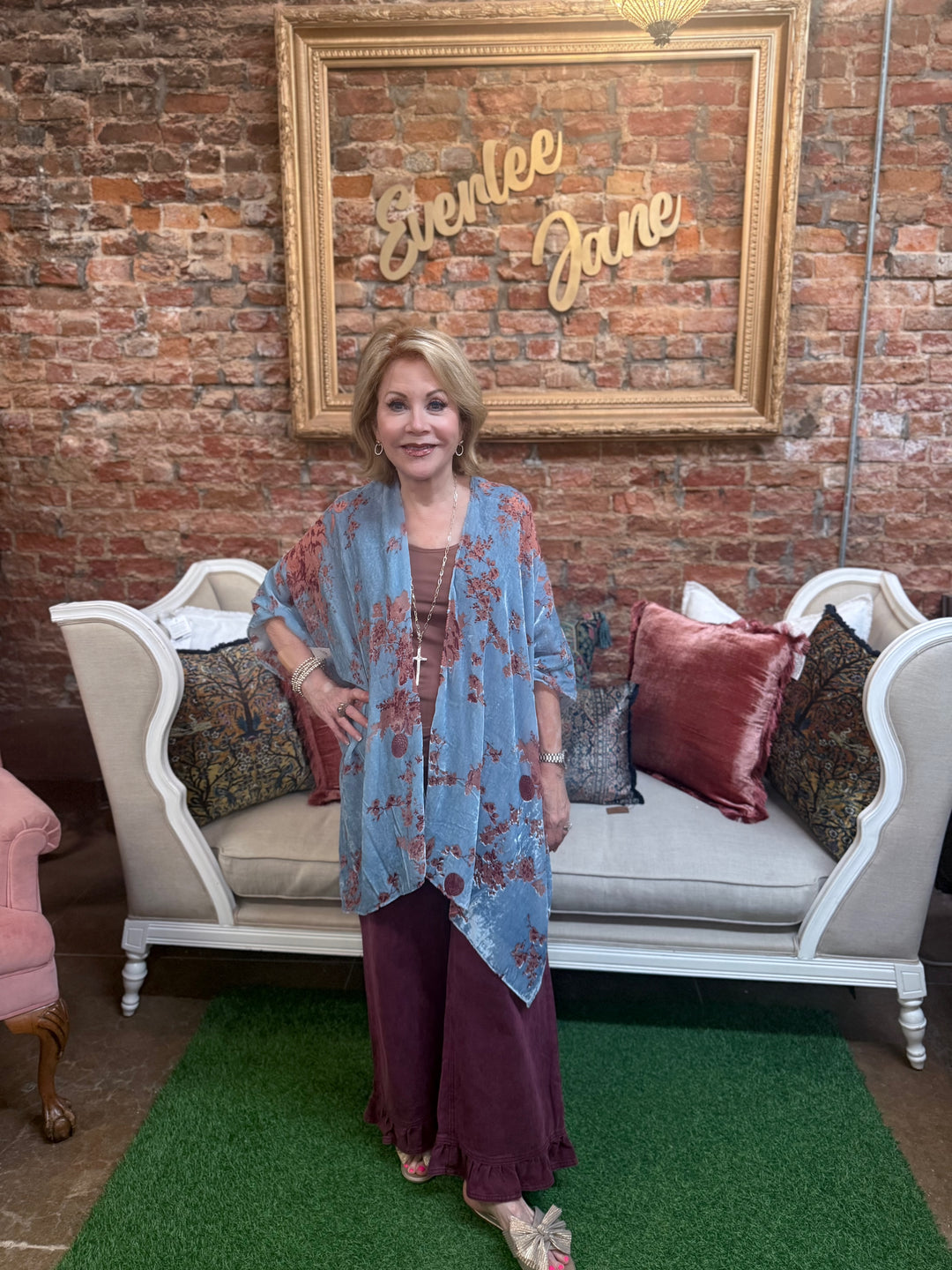 Periwinkle blue velvet open-front kimono with floral pattern. Available in all sizes.
