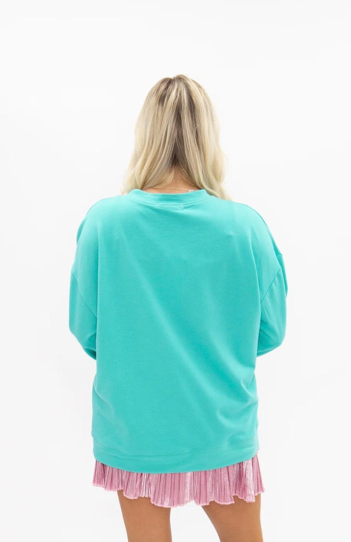 Turquoise Gemstone Christmas Tree Sweatshirt with sequin detailing, available in sizes S-XL.