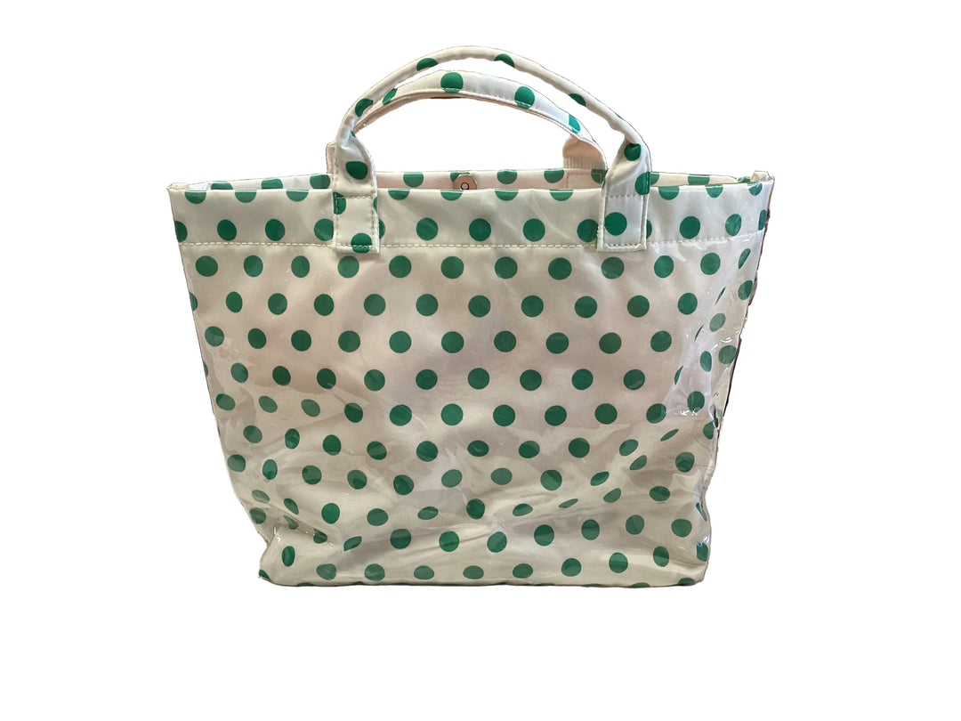 Green polka dot tote, white base, two handles, spacious design. Available in various sizes.