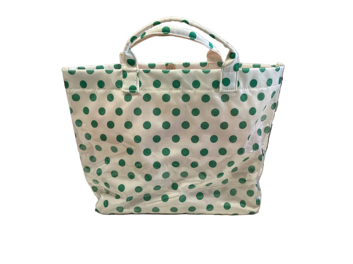 Green polka dot tote, white base, two handles, spacious design. Available in various sizes.