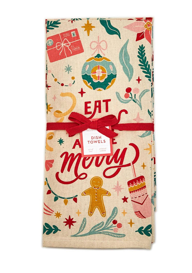 Be Merry set of 2 vintage Christmas dish towels with gingerbread and ornament motifs, printed with “Eat, Merry.”