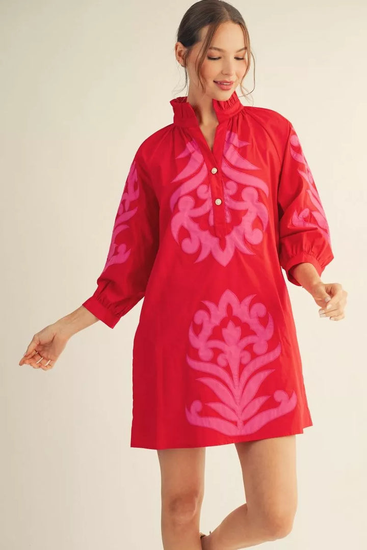 Baroque Floral Applique Shift Dress: bright pink, plus-size, ruffled collar, floral pattern. Available in sizes 1X-4X.