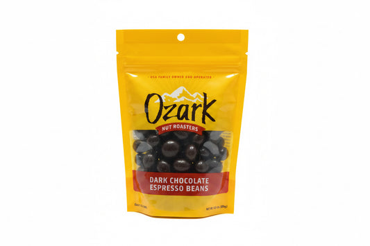 Yellow bag of Dark Chocolate Espresso Beans with a clear window showing the beans inside; labeled with product and brand details. Available in 4oz, 8oz, and 16oz sizes.