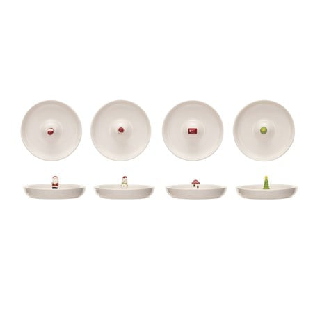 Four round stoneware dishes, each featuring a central holiday figure: Santa, snowman, house, and Christmas tree.