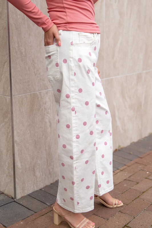Pink Polka Dot Barrel Jeans in stretch denim; available in sizes XS-XL.