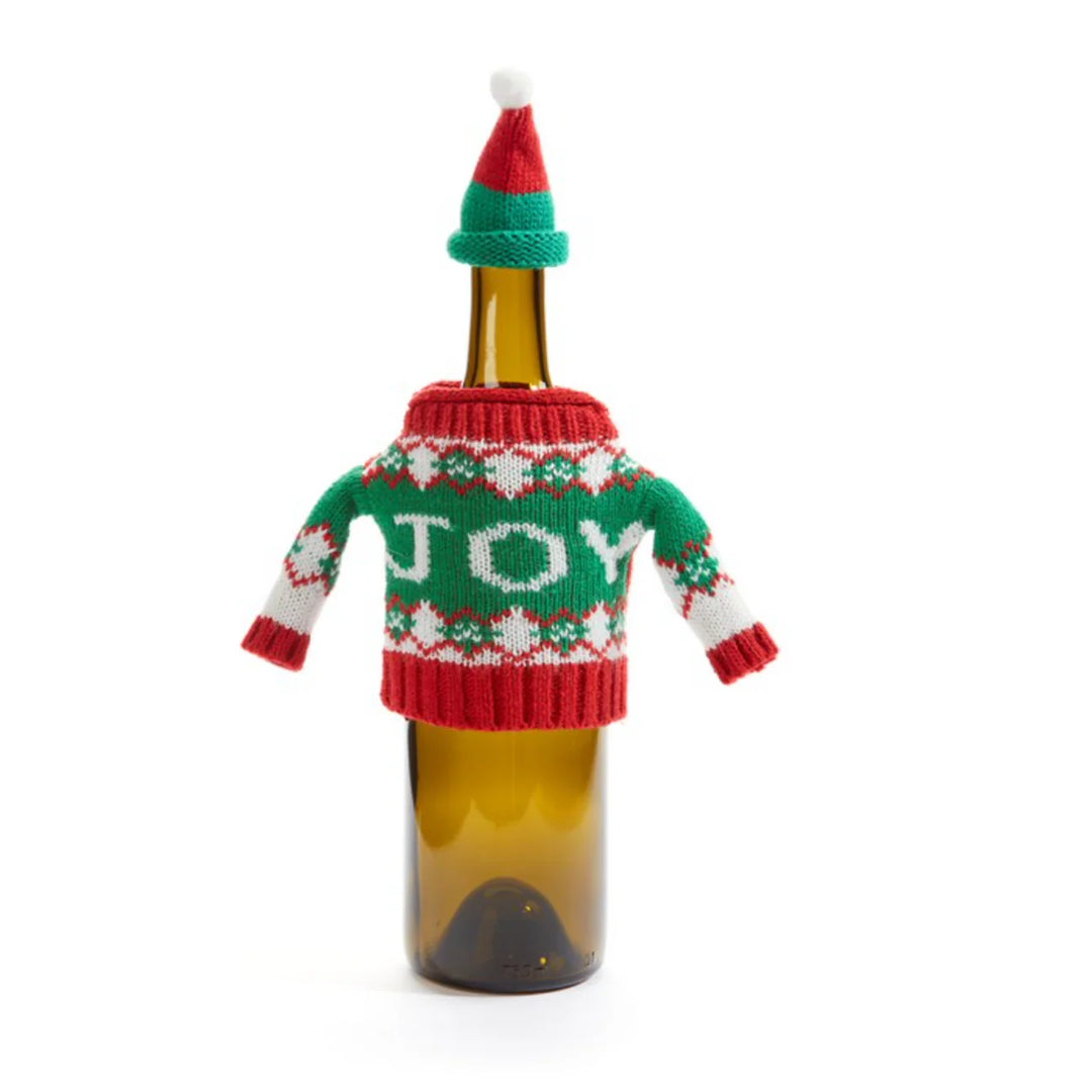 Green and red knit miniature wine sweater with “JOY” and matching bottle topper hat.