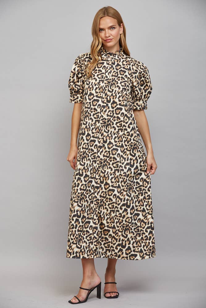 Animal print midi dress in ivory multi, size L. Features a ruffled high neckline, button front, and short puff sleeves.