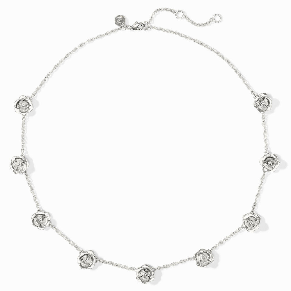 Pure silver-plated necklace with small rose-shaped charms, fine chain, adjustable clasp. Available in multiple sizes.