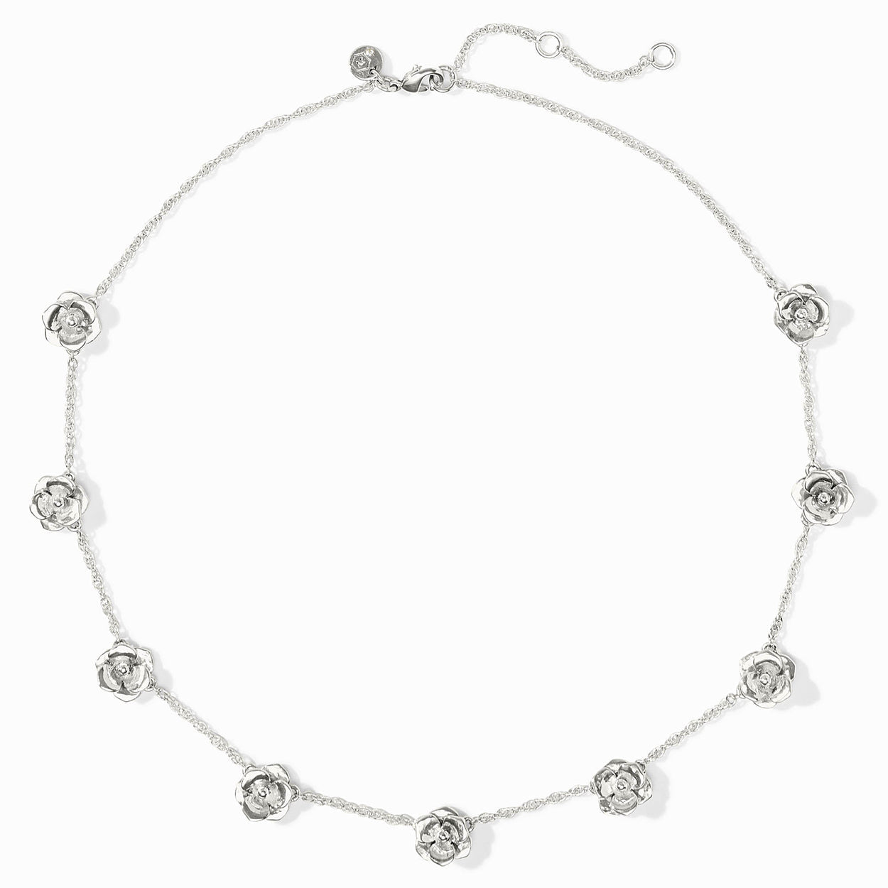 Pure silver-plated necklace with small rose-shaped charms, fine chain, adjustable clasp. Available in multiple sizes.