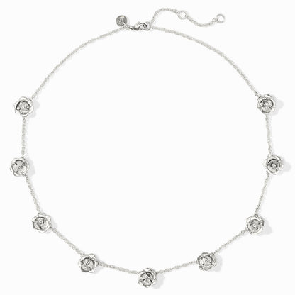 Pure silver-plated necklace with small rose-shaped charms, fine chain, adjustable clasp. Available in multiple sizes.