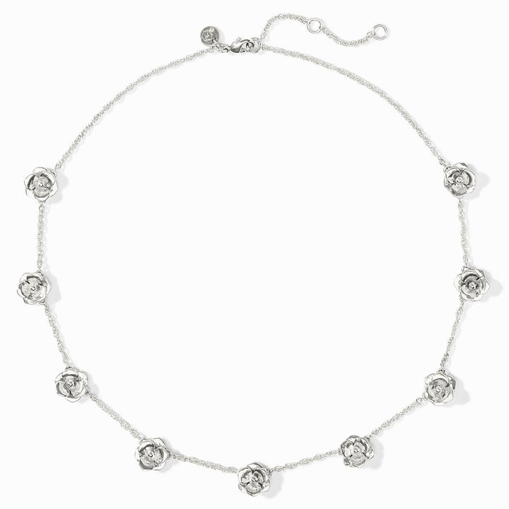 Pure silver-plated necklace with small rose-shaped charms, fine chain, adjustable clasp. Available in multiple sizes.