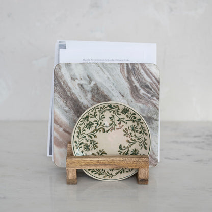Small green and white decorative plate with leafy pattern on a 3-section Mango Wood Stand. Sizes: small, medium, large.