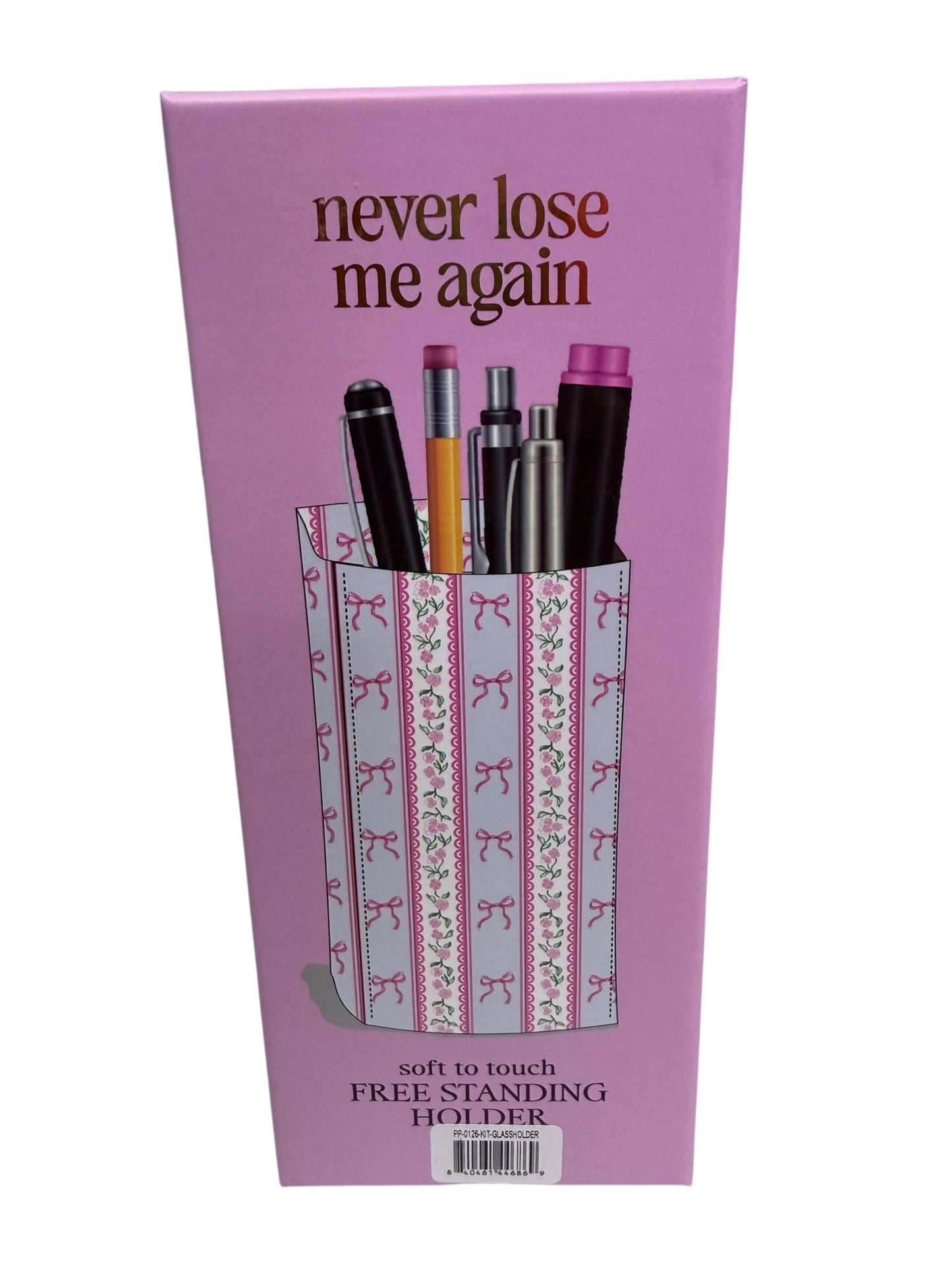 Pink box with "never lose me again"; Free Standing Glasses Holder shown; "soft to touch FREE STANDING HOLDER." Sizes: S, M, L.