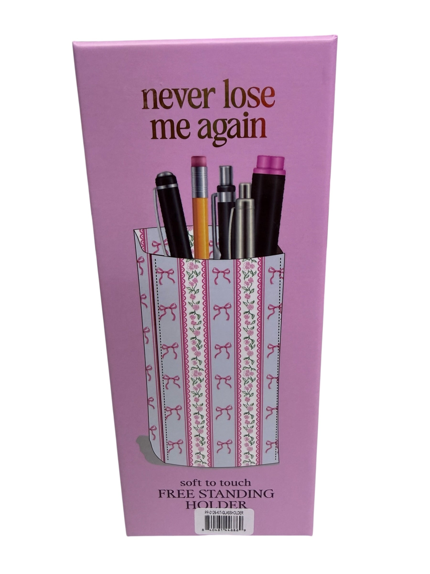 Pink box with "never lose me again"; Free Standing Glasses Holder shown; "soft to touch FREE STANDING HOLDER." Sizes: S, M, L.