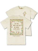 Cream-colored Floral Love Bible Verse Shirt with a small floral heart on the upper left front and “Let all that you do be done with love” on the back. Available in sizes S-XL.