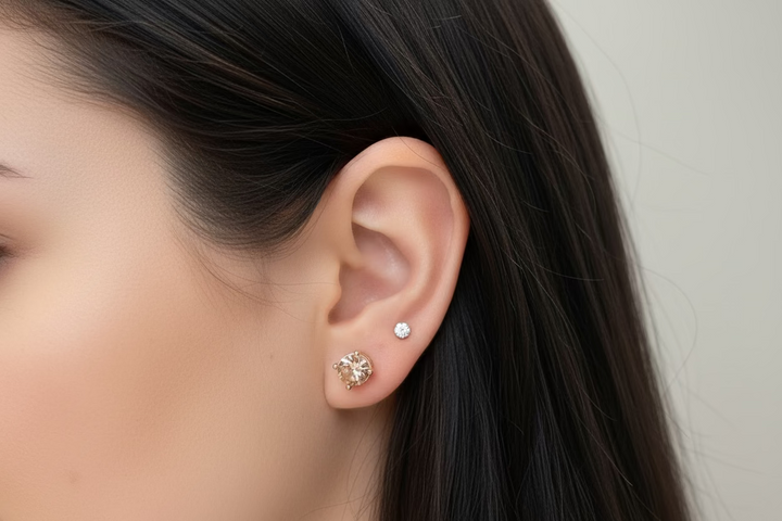 Gold Crystal and Pearl Front/Back Stud Earrings with small crystal above larger champagne stud. Available in S, M, L.