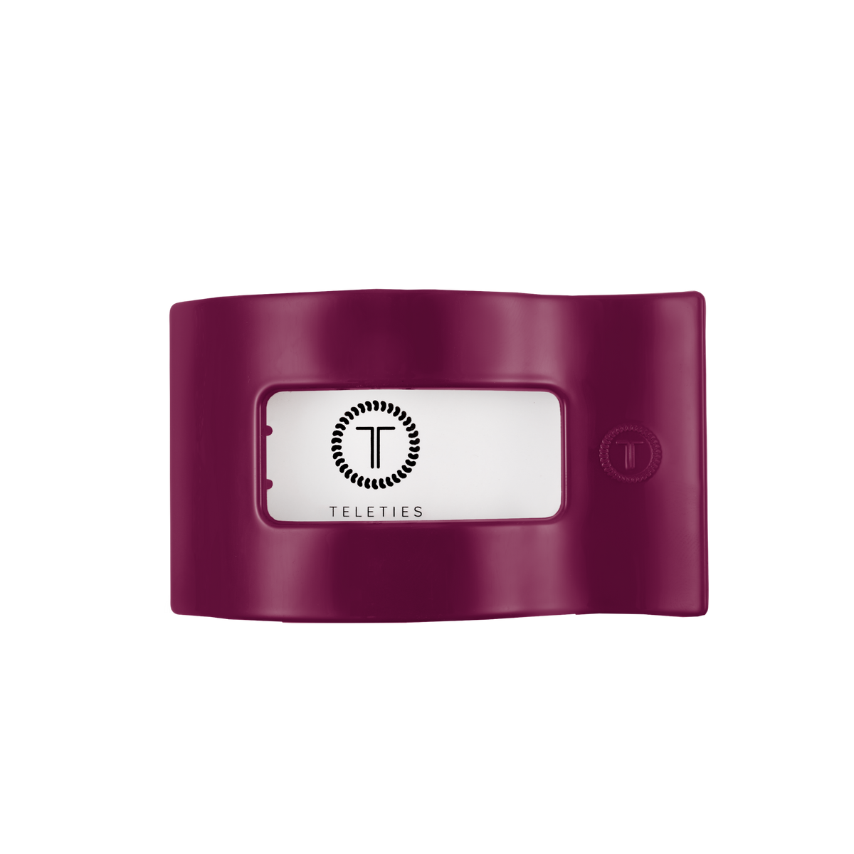 Mulberry Medium Flat Rectangle Hair Clip by TELETIES in vibrant mulberry purple, featuring a clear center window with the “TELETIES” name and circular logo. Available in medium size.