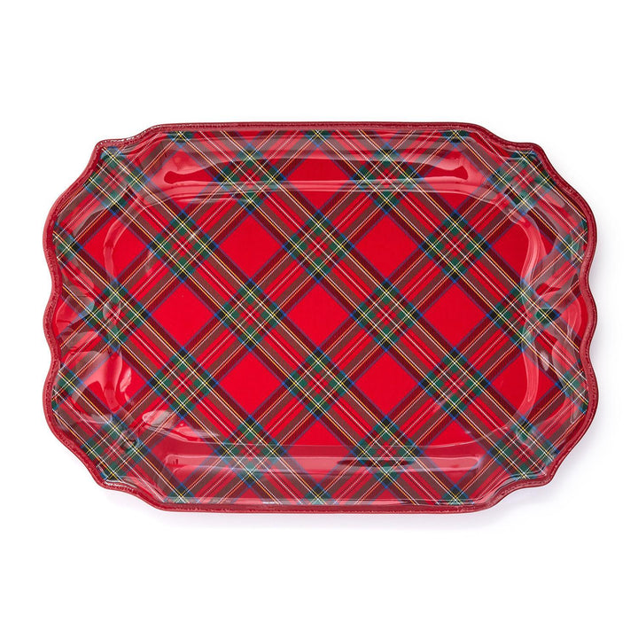 Tartan Traditions melamine platter, rectangular with scalloped edges and a red, green, and yellow tartan plaid pattern.