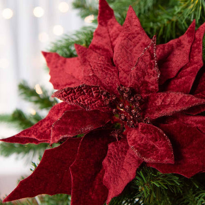 Artificial Velveteen Poinsettia in Burgundy with velvet-textured petals; available in multiple sizes.
