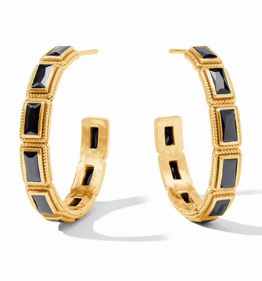 Pair of Baguette Hoop - Medium earrings with rectangular black gemstones on a 24K gold-plated band. Available sizes: Medium.