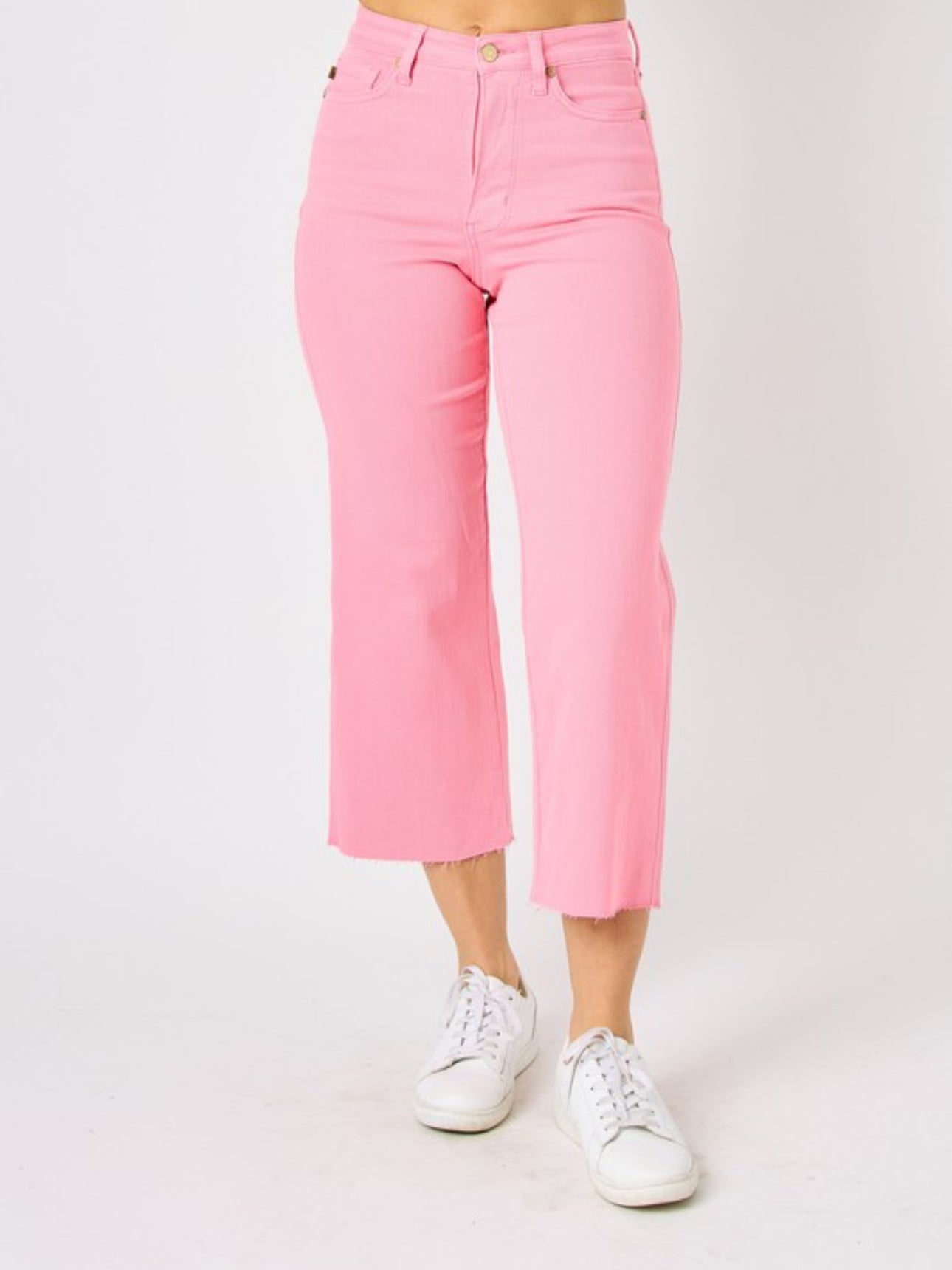 Pink colored Tummy Control Wide Leg Crop Pants, comes in sizes 3 to 20W