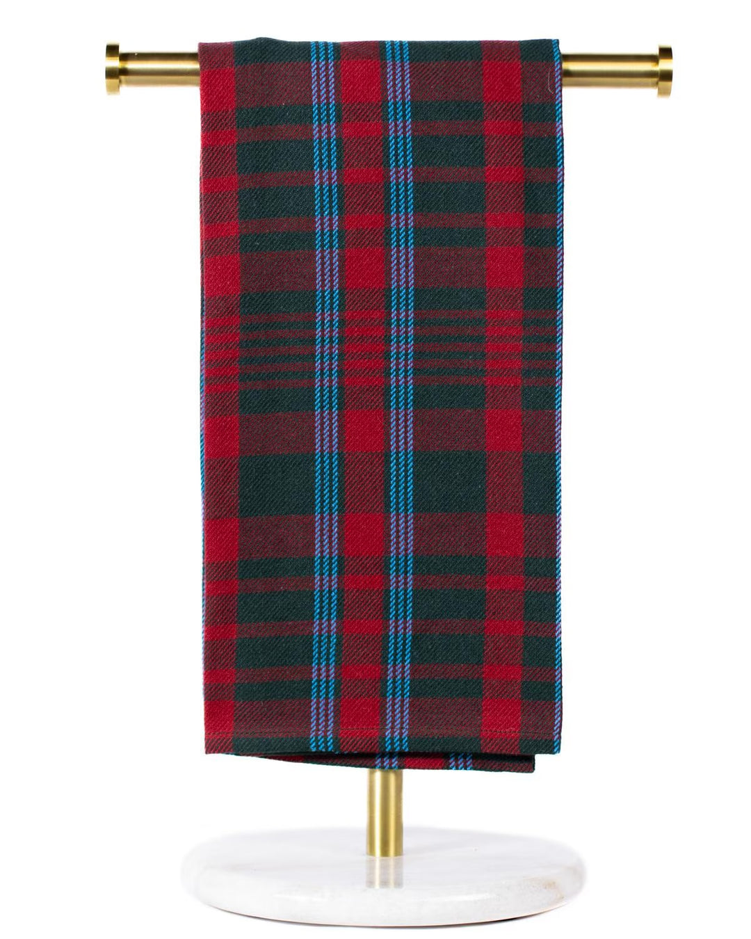 Telluride Jacquard Hand Towel in red and dark green plaid with blue accent stripes.
