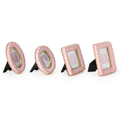 Set of four pink scalloped resin mini frames (2 oval, 2 rectangular) with black easel backs; available in mini size.